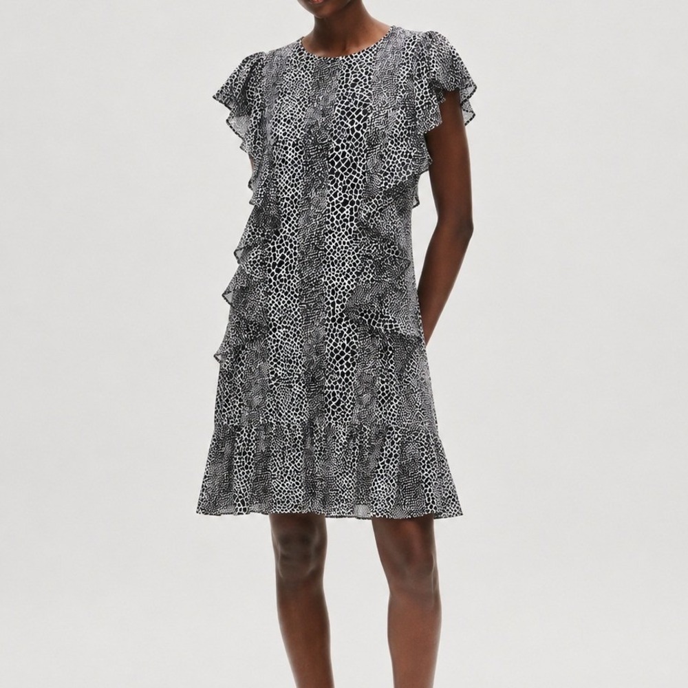 MICHAEL Michael Kors Women's Ruffle Dress Animal Print Black White M Romantic